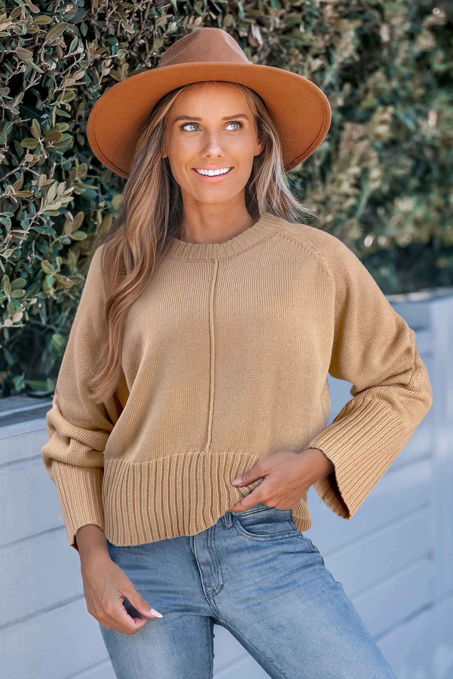 Camel Round Neck Long Sleeve Sweater - S | Cupshe US
