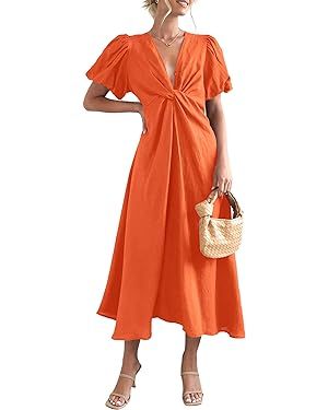 Women Puff Sleeve Maxi Dress Twist Front V Neck Long Dresses Casual Summer Beach Midi Dress | Amazon (US)