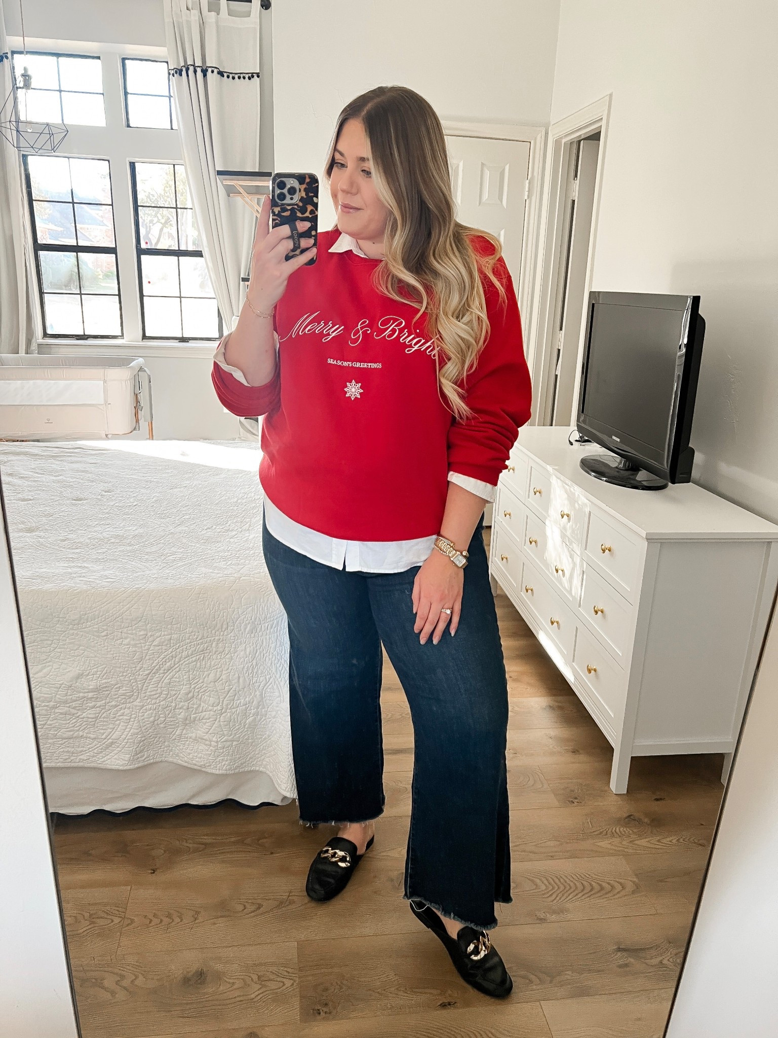 Loving this outfit for going to the kids’ school Christmas party or for work! Putting a button up under a sweatshirt or sweater is such an easy way to elevate an outfit.

Holiday outfit, holiday style, midsize outfits, midsize outfit ideas, red sweater, Christmas sweater, casual holiday outfit

#LTKMidsize #LTKHoliday #LTKootd