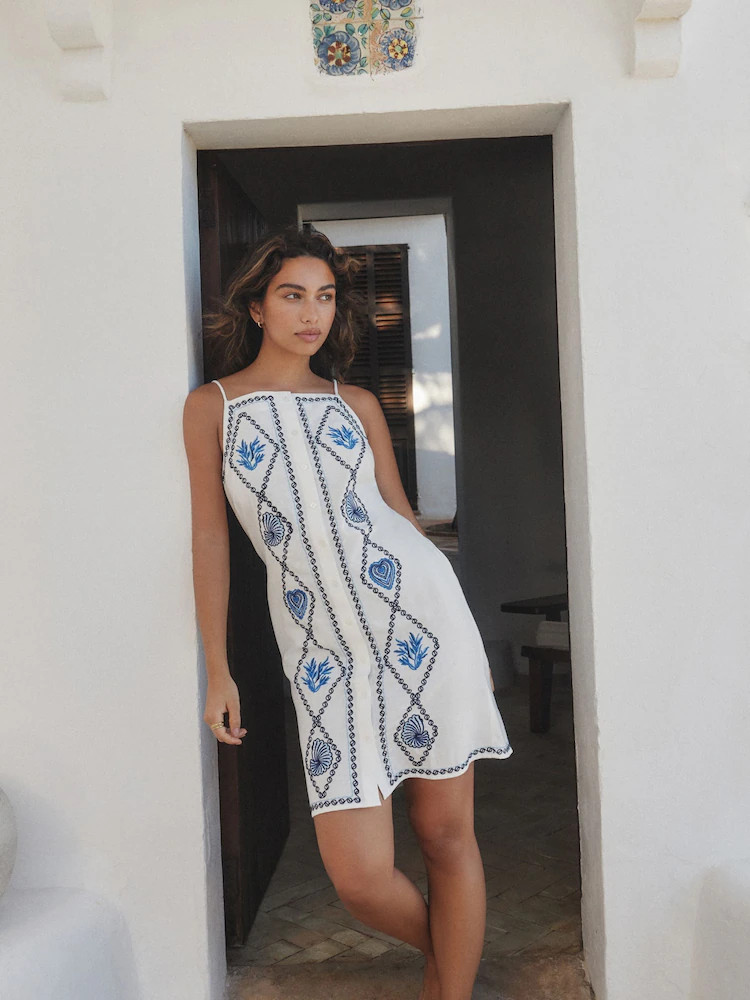 White/Blue Embroidered Mini Shift Dress With Linen | Next US