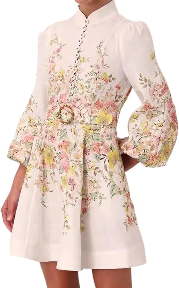 Women's Mini Floral Print Dress Balloon Sleeve Single-breasted Cropped Dress Party Chic Stand Up ... | Amazon (US)