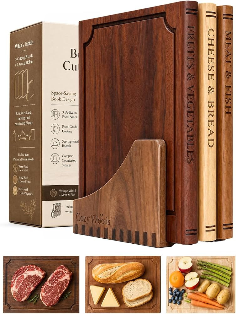 Book Cutting Board Set with Stand,3-Piece Real Hardwood Kitchen Boards | Amazon (US)