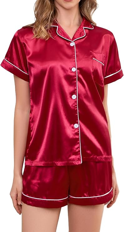 Satin Pajama Set for Women 2-Piece Satin PJ Set Button-Down Silk PJ Set - Classic Silky Pajama | Amazon (US)