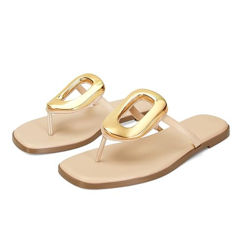 Wnshonzy Flip-Flops for Women Thong Sandals Flat Nude Slip on Slides Leather Beach Comfort Open Square Toe Ladies Slipper Dressy Metal Hardware Decoration Summer Shoes Casual Fashion | Amazon (US)