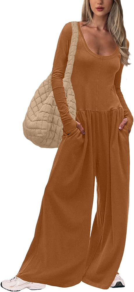 UNIANKIYA One Piece Jumpsuits for Women Casual Long Sleeve Overalls Dressy Rompers Wide Leg Pants... | Amazon (US)