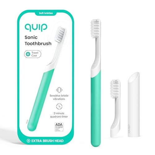 Quip Sonic Toothbrush for Adults with Timer - Includes Extra Brush Head and Travel Cover Mount - Electric, Soft Bristle Refill Head, Plastic Handle, 3 Month Battery Life - Travel Toothbrush - Green | Amazon (US)