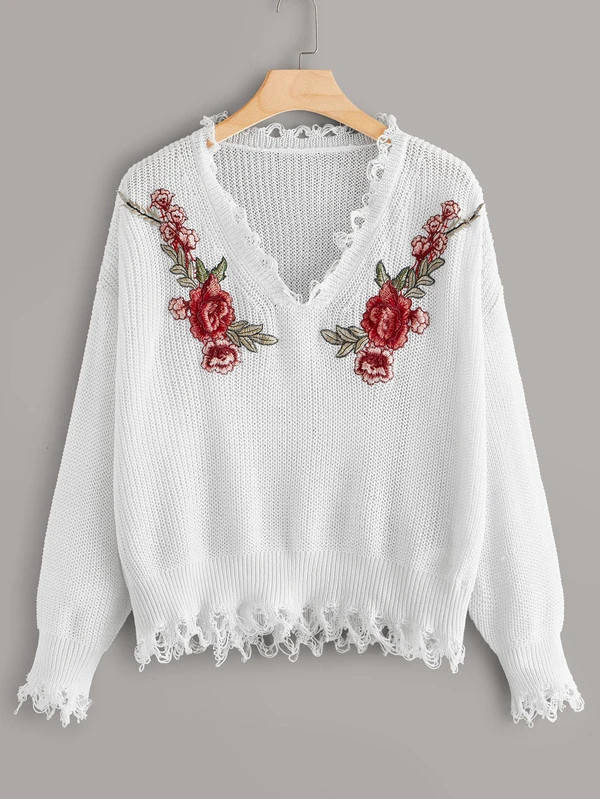 SHEIN Plus V Neck Raw Trim Appliques Sweater | SHEIN