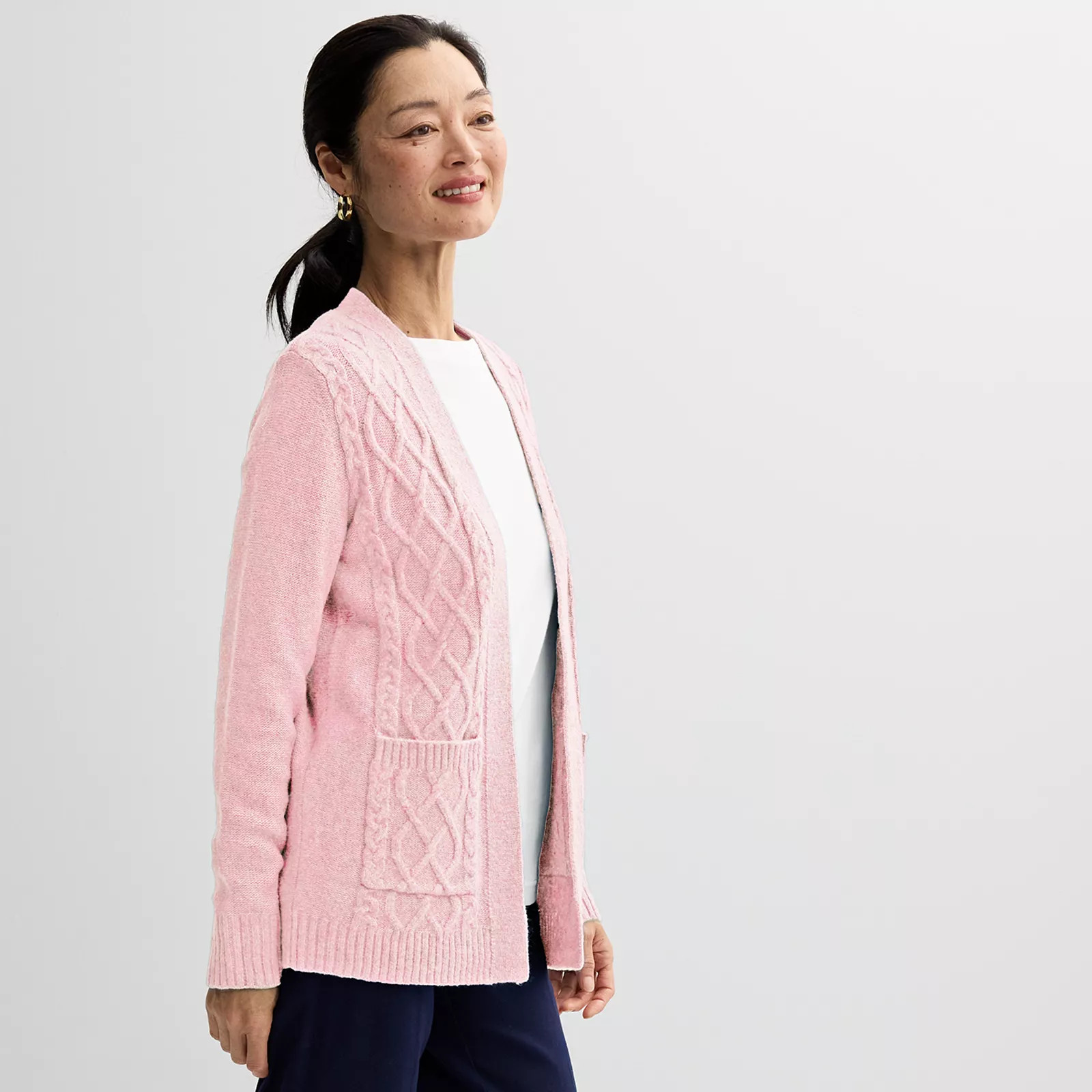 Petite Croft & Barrow® Long Sleeve Cabled Cardigan, Women's, Size: Small Petite, Light Pink Grey | Kohl's