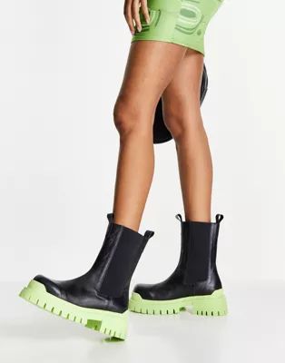 Topshop Ace leather chunky chelsea boot in black and lime | ASOS (Global)