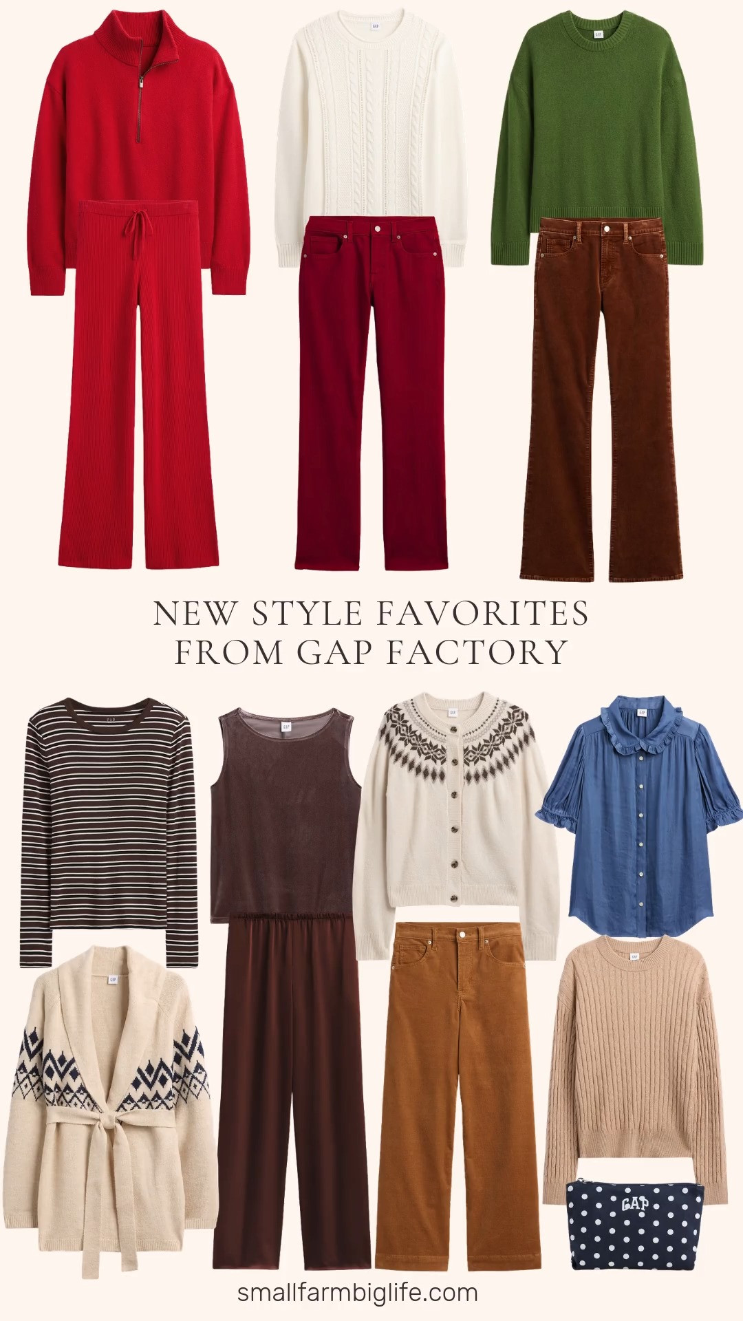 🍂 New Style Favorites From Gap Factory

Gap Factory's new fall arrivals have soft sweaters, Fair Isle cardigans, and velvet and corduroy pants in rich fall colors. For fall sweaters, choose a camel hair brown cable knit crewneck, an ivory cable knit roll neck, a modern red half zip mock neck, or a relaxed twist of lime crewneck for a pop of color. All are made from Gap's soft CashSoft knit. Fair Isle cardigans are a cozy fall staple, and there's an oatmeal and navy shawl collar cardigan and a cream and brown airy crewneck cardigan. For bottoms, there are sierra brown velvet bootcut pants, dark red bootcut jeans, deep camel brown high rise cropped wide leg corduroy pants, dark brown satin wide leg pull on pants, and modern red ribbed sweater pants to wear with the matching half zip sweater as a set. Rounding it out are a woodsy brown sleeveless velour top for holiday parties, a brown, navy, and white striped ribbed tee, a bainbridge blue puff sleeve ruffle shirt, and a navy dot Gap logo mini pouch bag. Rich fall colors and cozy knits make easy fall outfits for women over 50 that carry you from Thanksgiving through the holidays.

#gapfactory #fallfashion #fallsweaters #fairisle #falloutfits 

 #LTKootd #LTKOver40 #LTKWorkwear