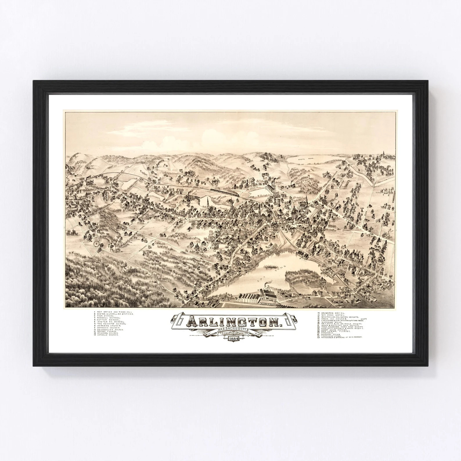 Arlington Map 1884 - Old Map of Arlington Massachusetts Art Vintage Print Framed Canvas Bird's Ey... | Etsy (Global)