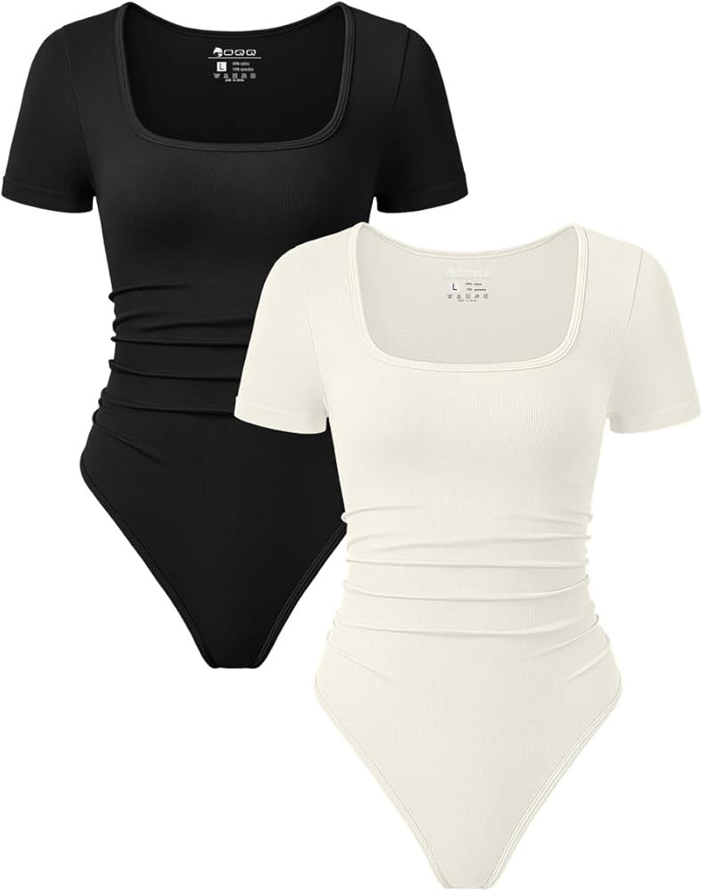 OQQ Women 2 Piece Bodysuits Sexy Ribbed Rueched Stretch Short Sleeve Square Neck Basic Shirts Bod... | Amazon (US)