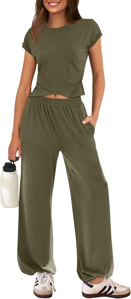 MEROKEETY Women's Summer 2 Piece Sets Cap Sleeve Crop Top Long Pant Lounge Set Casual Outfits Tra... | Amazon (US)