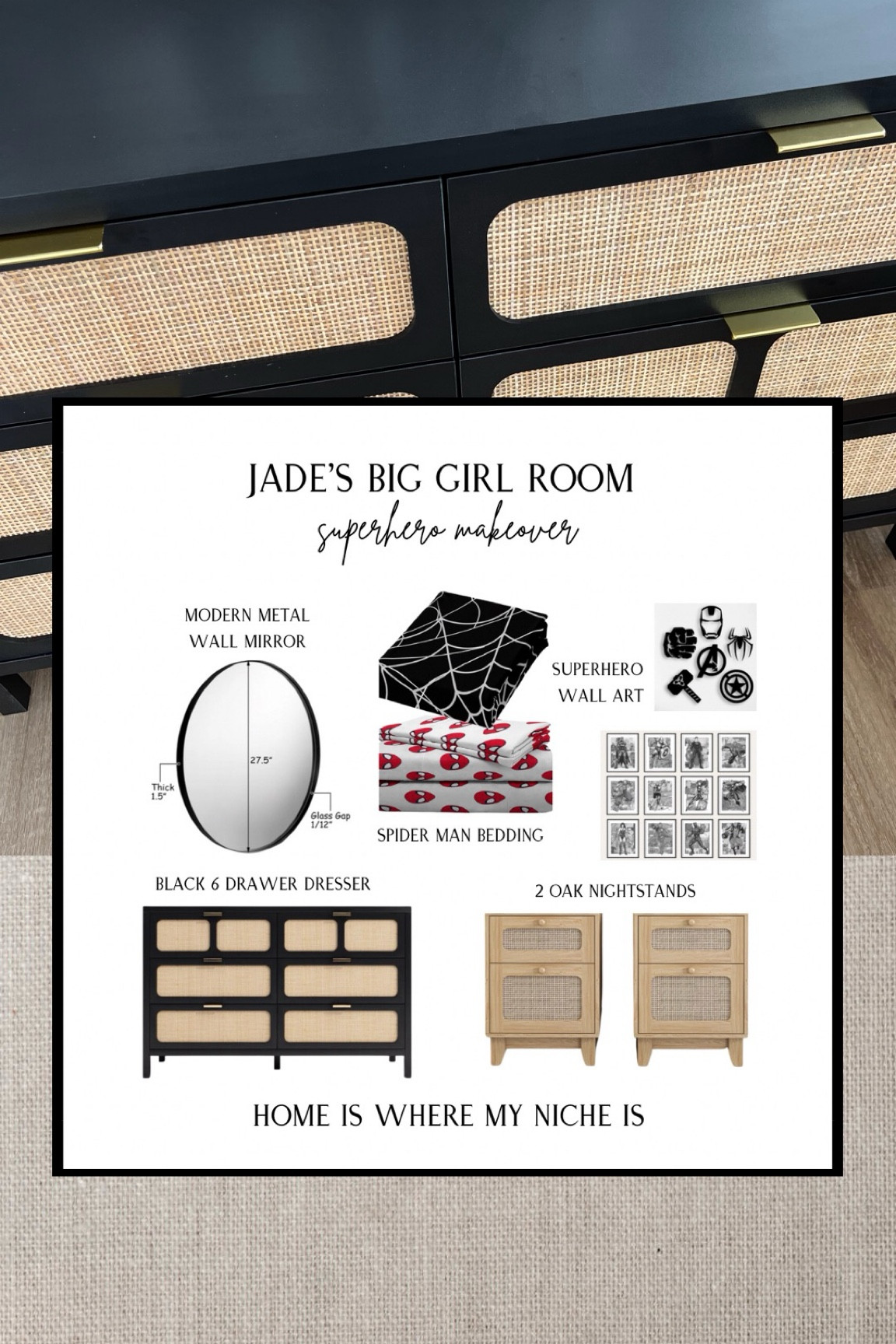 I chose the furniture because of their mid-century modern vibe. The shape/style reminds me of an old tv 📺 that gives vintage comic. These bedroom furniture pieces are beautiful, subtly compliment the current theme, while remaining cohesive with the rest of our home. They will grow with her, & her future interests. 

+ set of 12 digital superhero print art
+ marvel spider-man sheet set
+ black & white spider web duvet cover
+ avengers wood wall art
+ black & rattan 6 drawer dresser
+ 2 oak & rattan nightstands 
+ modern metal round wall-mounted mirror

Amazon Canada | Walmart Canada | Etsy | Wayfair

#LTKhome #LTKkids #LTKsalealert