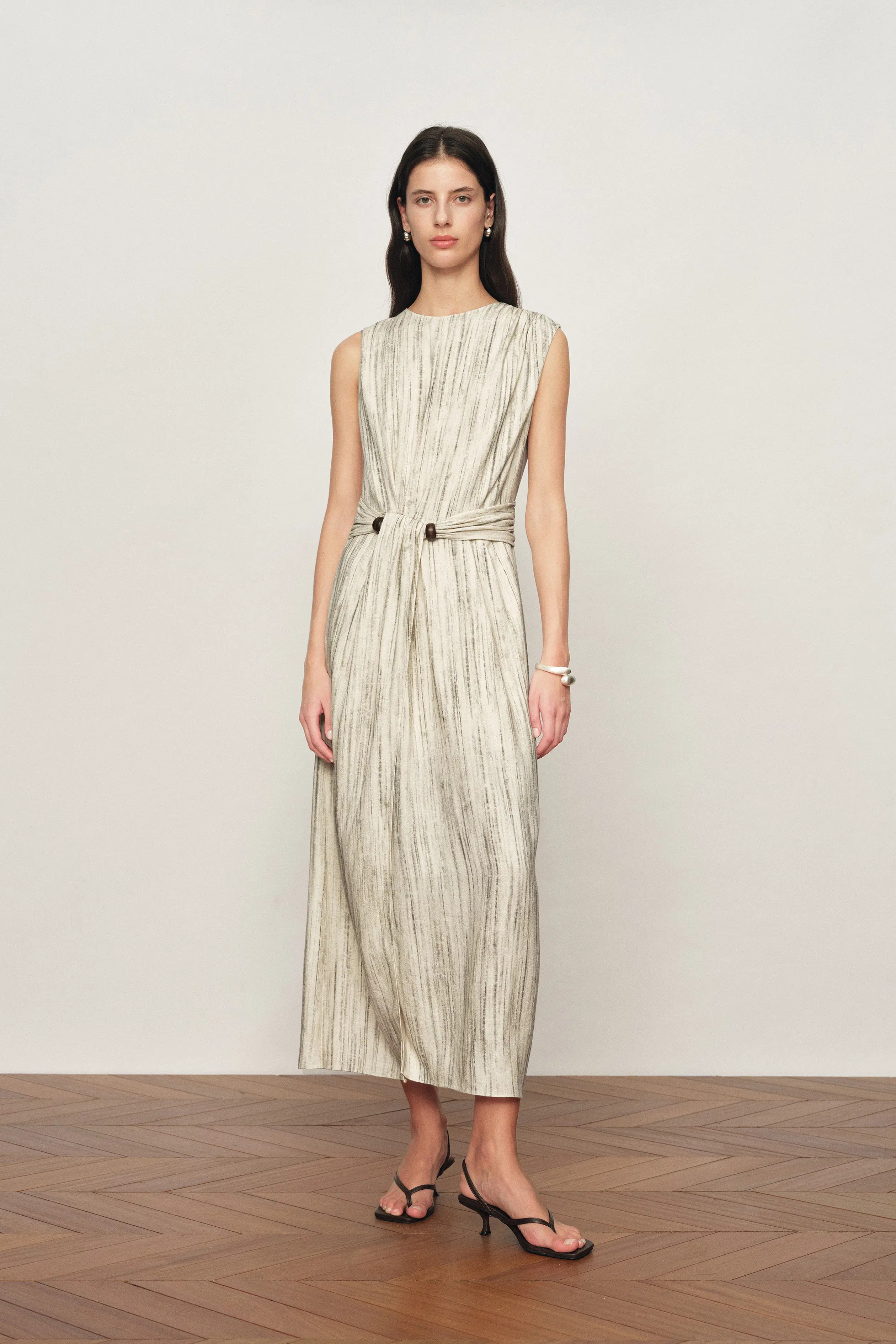 Felicia Handwork Draping Textured Stripe Sleeveless Dress in Linen Ble | Fabrique