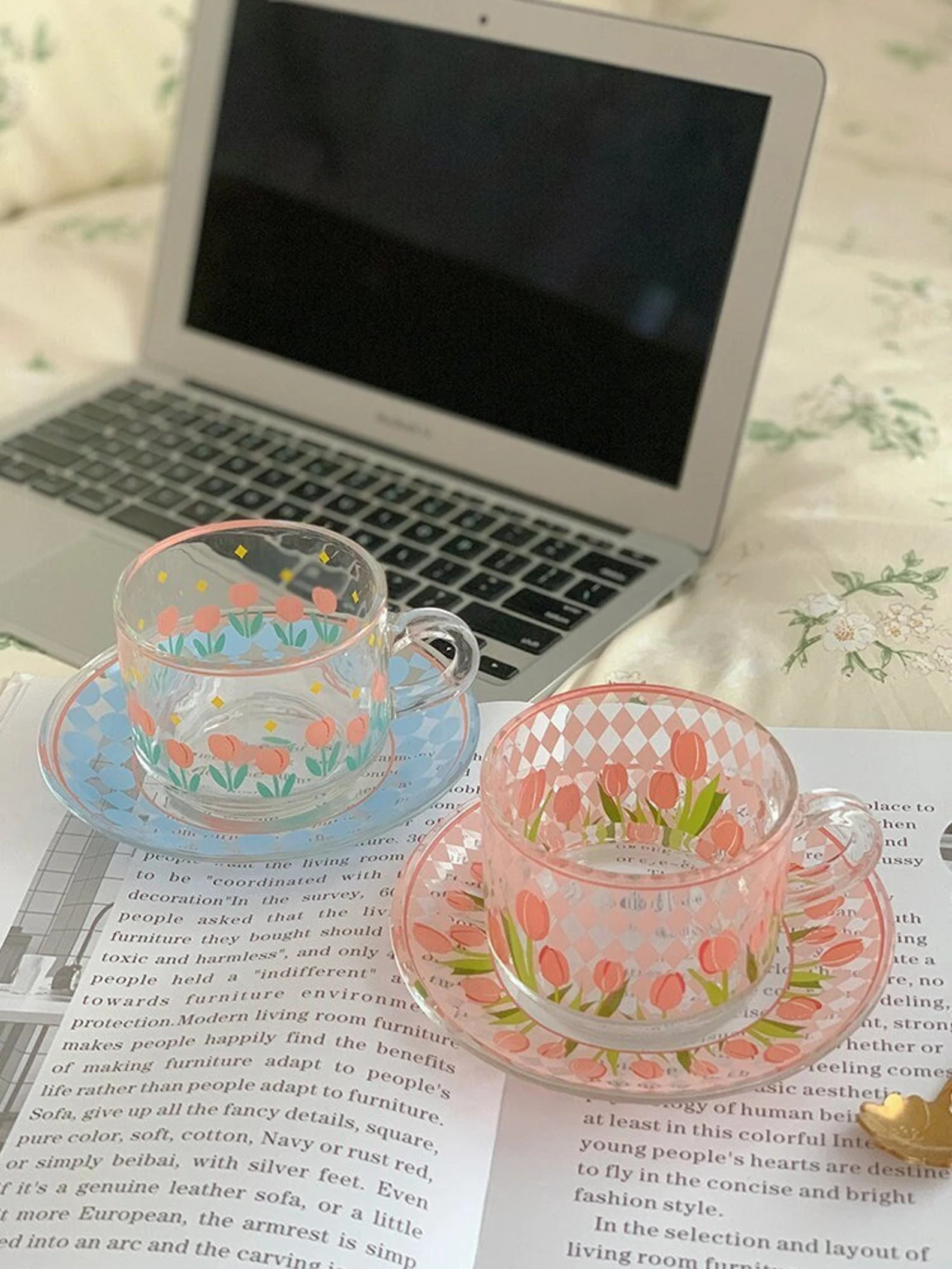 Cute Kawaii Glass Coffee Cup and Saucer Set, Pink Flower Glass Cup, Pastel Pink Blue Coffee Glass... | Etsy (US)