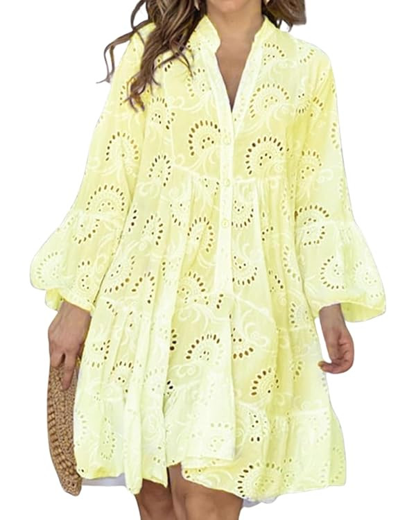 White Floral Dress for Women Hollow Out Lace Boho Solid V Neck Long Sleeve Button Down Midi Dress | Amazon (US)