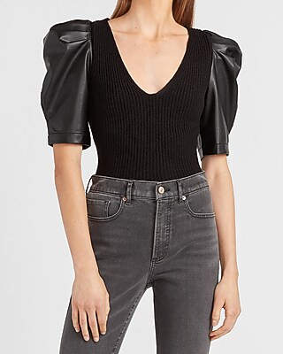 Vegan Leather Puff Sleeve Ribbed Sweater | Express
