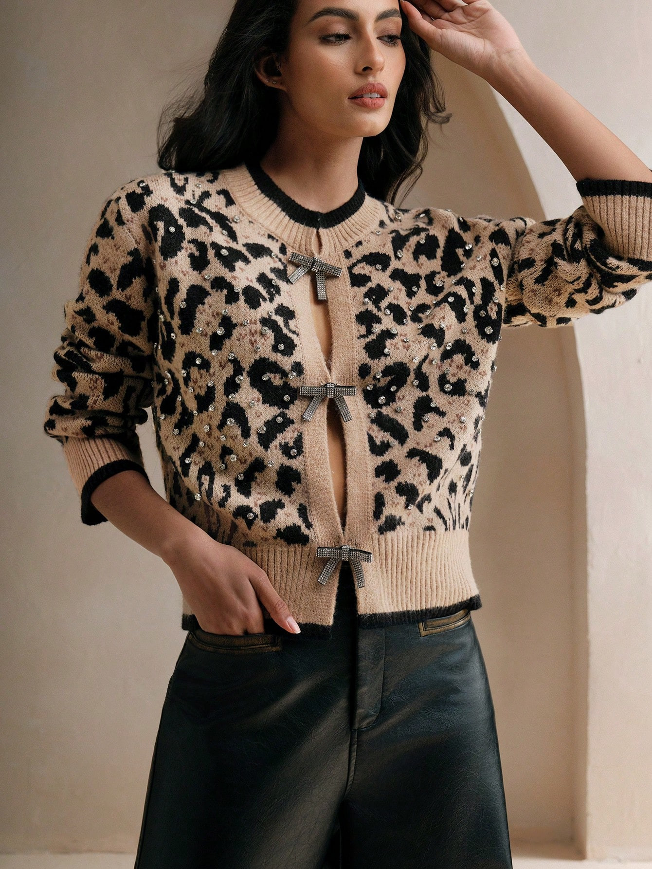 Anewsta Autumn/Winter Stylish Bow Knot Rhinestone Vintage Leopard Knit Cardigan For Women | SHEIN