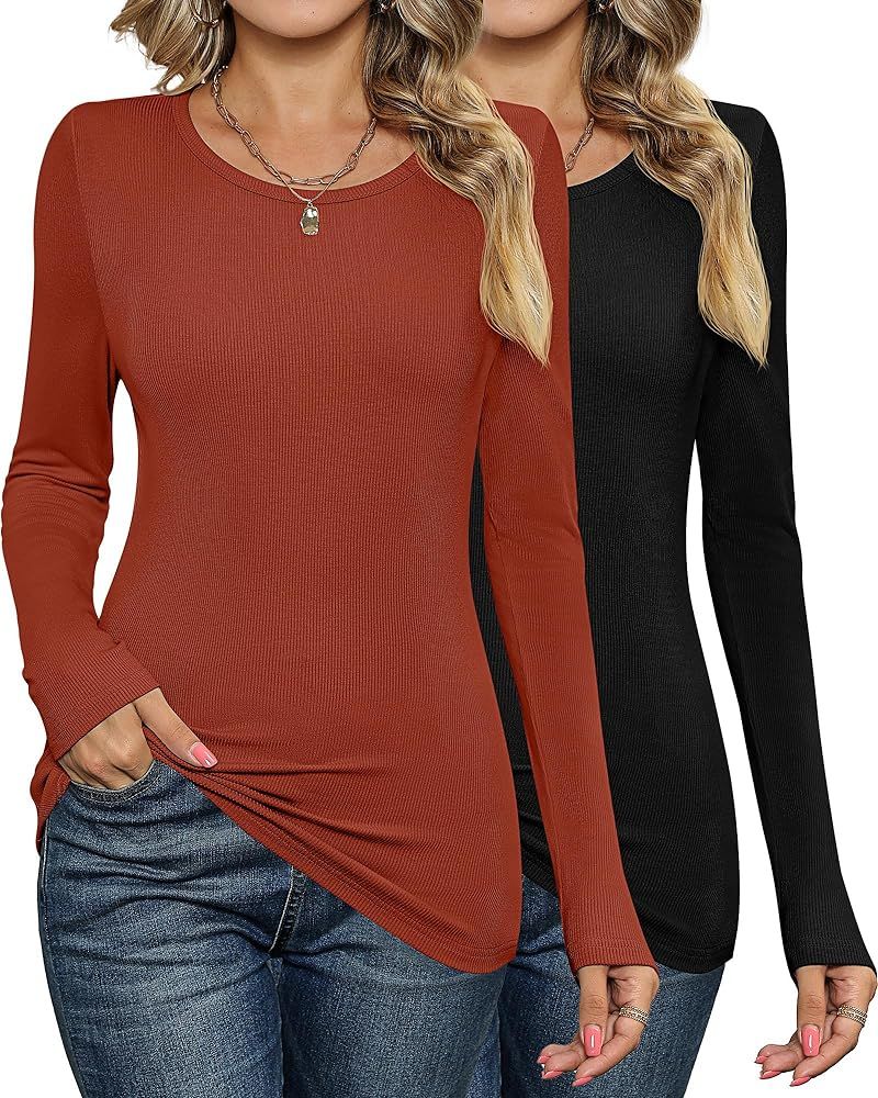 2 Pack Women's Long Sleeve Shirts, Ribbed Slim Fitted Tops Stretch Crew Neck Undershirt Casual Ba... | Amazon (US)
