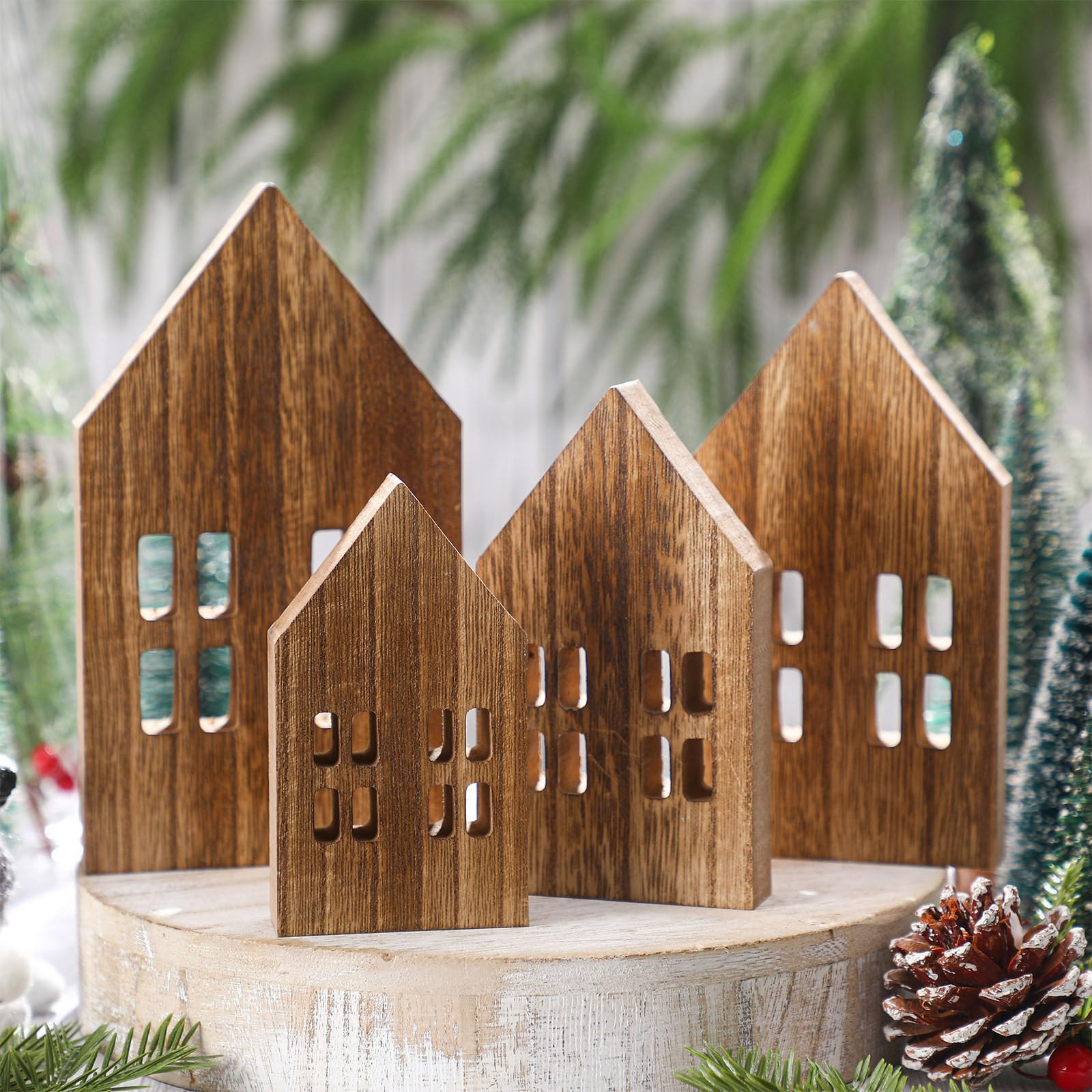 Yousoontic 4 Pcs Christmas Wooden Houses - Tiered Tray Decor for Home Office Shelf Table Fireplac... | Amazon (US)