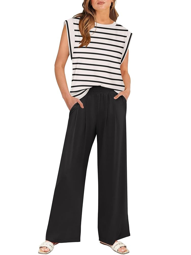 ANRABESS Women 2 Piece Outfits Tank Top & Palazzo Pants 2025 Summer Lounge Matching Sets Travel V... | Amazon (US)