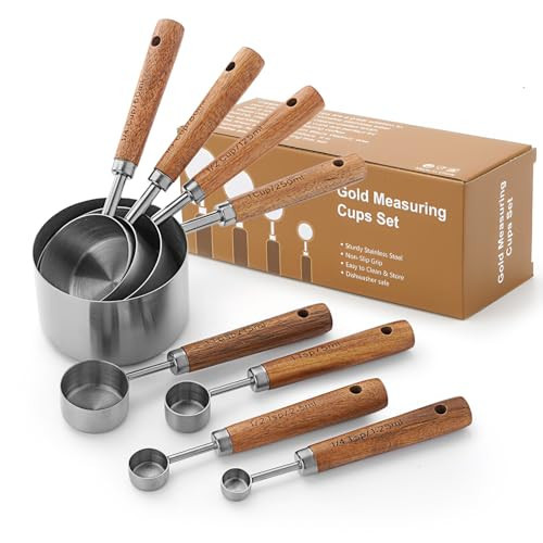 SHIKORI Gold Measuring Cups and Spoons Set with Wood Handles, Premium Stainless Steel Measuring Spoons and Measuring Cups Set-Silver | Amazon (US)