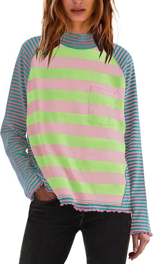 Panadila Womens Long Sleeve Striped Shirts Turtleneck Raglan Shirt Cute Color Block Tunic Tops Lo... | Amazon (US)