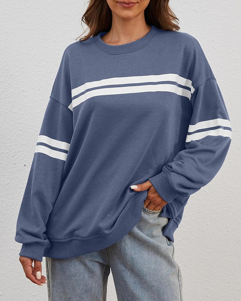 Women Striped Sweatshirt Oversized Crewneck Long Sleeve Casual Pullover 2024 Tunic Tops Preppy Clothes with Pocket Dark Blue, Small | Amazon (US)