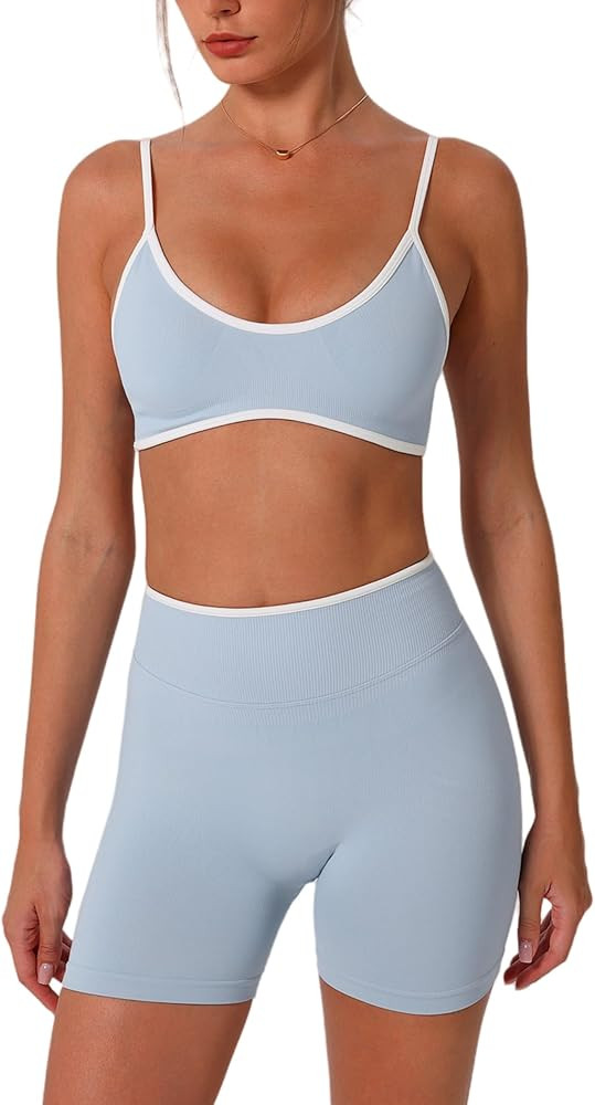 ABOCIW Workout Sets for Women Color Block Sports Bra Hidden Scrunch High Waist Biker Shorts 2 Pie... | Amazon (US)