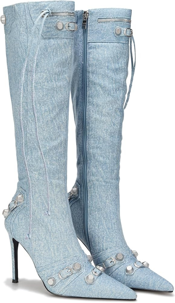 BorCnney Womens Knee High Boots Studded Stone Denim boots Fashion Pointed toe heel Winter high he... | Amazon (US)