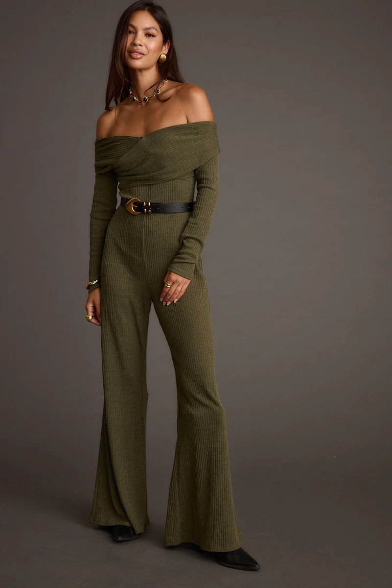 Greenwich Olive Knit Off The Shoulder Jumpsuit | 12th Tribe