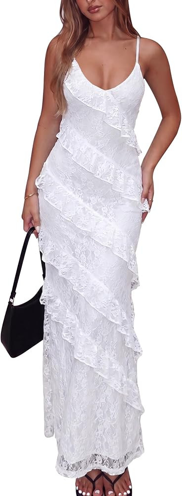 Women's Sexy V Neck Floral Lace Wedding Bodycon Spaghetti Strap Elegant Ruffle Maxi Cocktail Part... | Amazon (US)