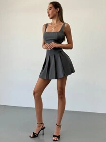 Aloruh New Arrival College Style Pleated Hem Patchwork Low Cut Slim Fitting Party Mini Dress | SHEIN