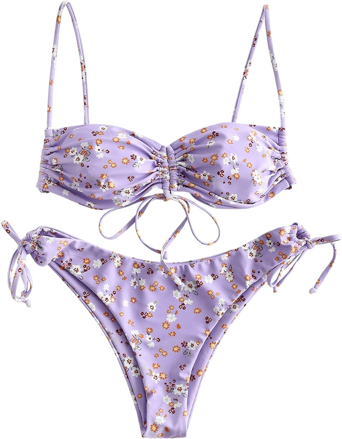 ZAFUL Women's Floral Print Cinched Tie Cami Bandeau Bikini Set Swimsuit | Amazon (US)