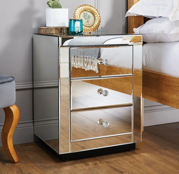 Furniturebox Italian Mirrored Nightstand - 3 Drawers Stunning Finish Bright Modern Bedside Table | Amazon (US)