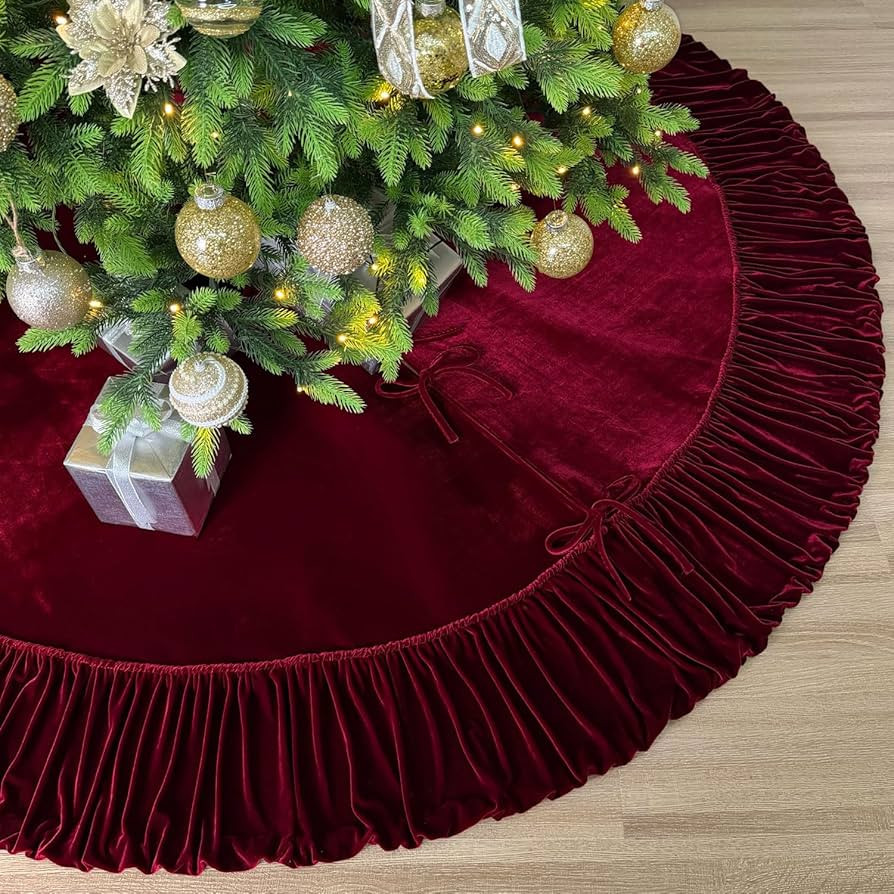 84-Inch Ruffled Velvet Christmas Tree Skirt with Foam Padding, Nylon Backing and Lace-Up Tie Clos... | Amazon (US)