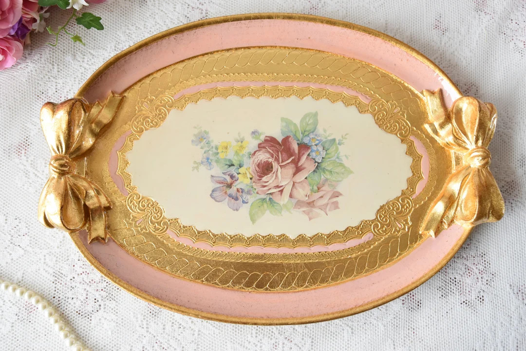 Hand Painted Tray Gold Pink, Italian Vintage Tray Gold, Oval Tray With Handles, Ornate Tray Tea, ... | Etsy (US)