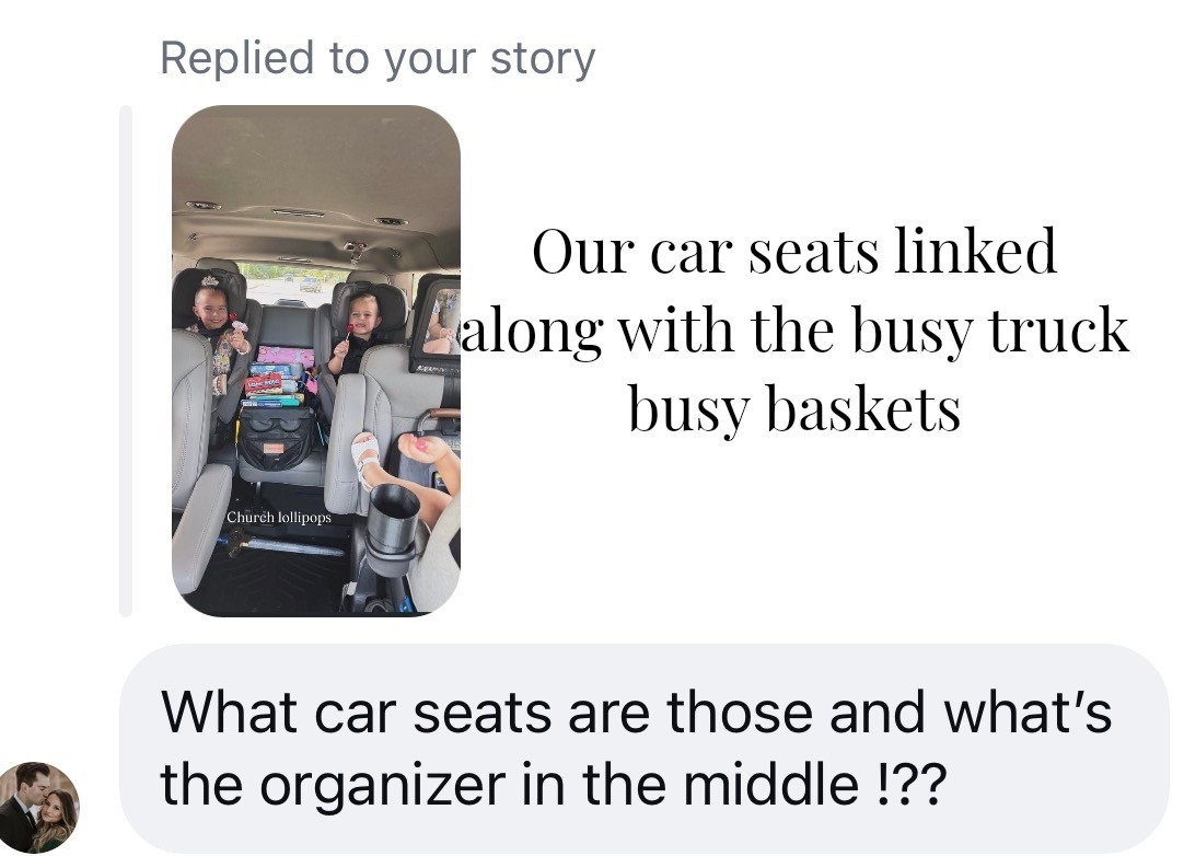 Very back we have 2 Nuna ravas 
Captain chair is Nuna rev & Nuna infant 
Linked the car busy baskets we have as well! I love these for trips and also grab things out of it when we go out and need them busy at a restaurant or whatever wherever to throw in my diaper bag!

#LTKTravel #LTKBaby #LTKKids