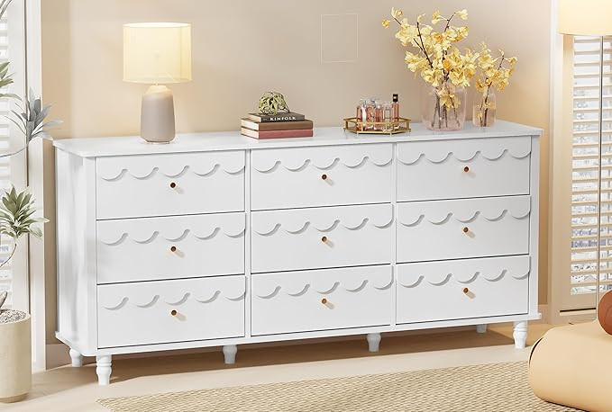 Anbuy Scalloped Dresser for Bedroom White 9 Drawer Dresser, Long Scalloped Chest of Drawers, Mode... | Amazon (US)