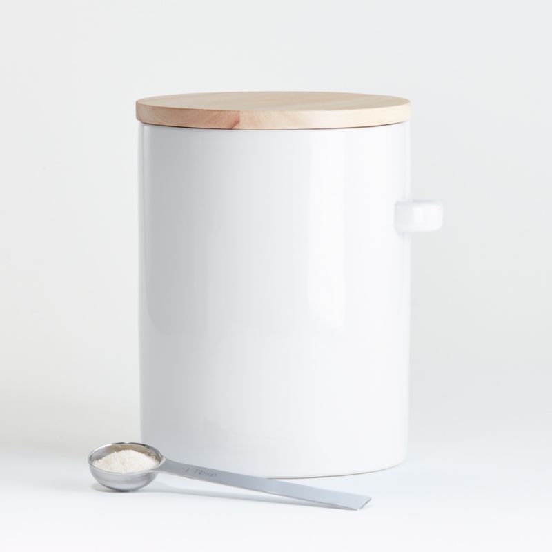 Aspen Large White Canister with Scoop + Reviews | Crate and Barrel | Crate & Barrel