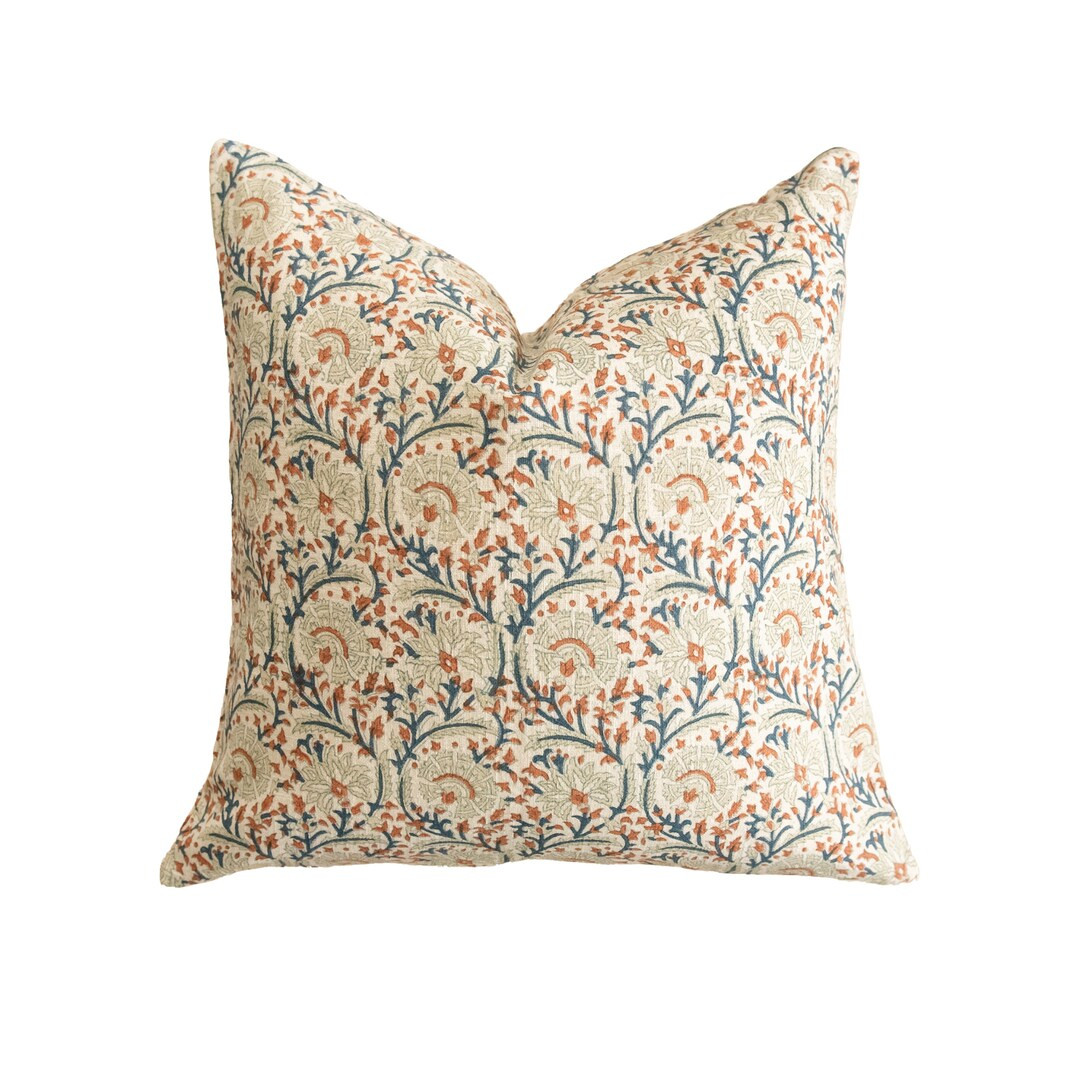 Floral Block Print Pillow | 20x20 Pillow Cover | 14x20 Lumbar | 14x36 Long Lumbar | Warm Neutral ... | Etsy (US)