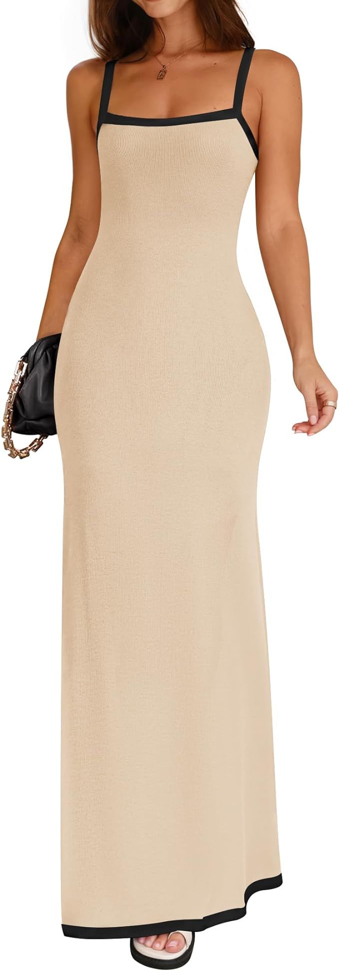 ZESICA Women's Summer Spaghetti Straps Sleeveless Bodycon Maxi Dress 2024 Square Neck Contrast Ri... | Amazon (US)