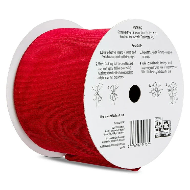 Dark Red Velvet Christmas Ribbon, 3.5" x 30', by Holiday Time | Walmart (US)