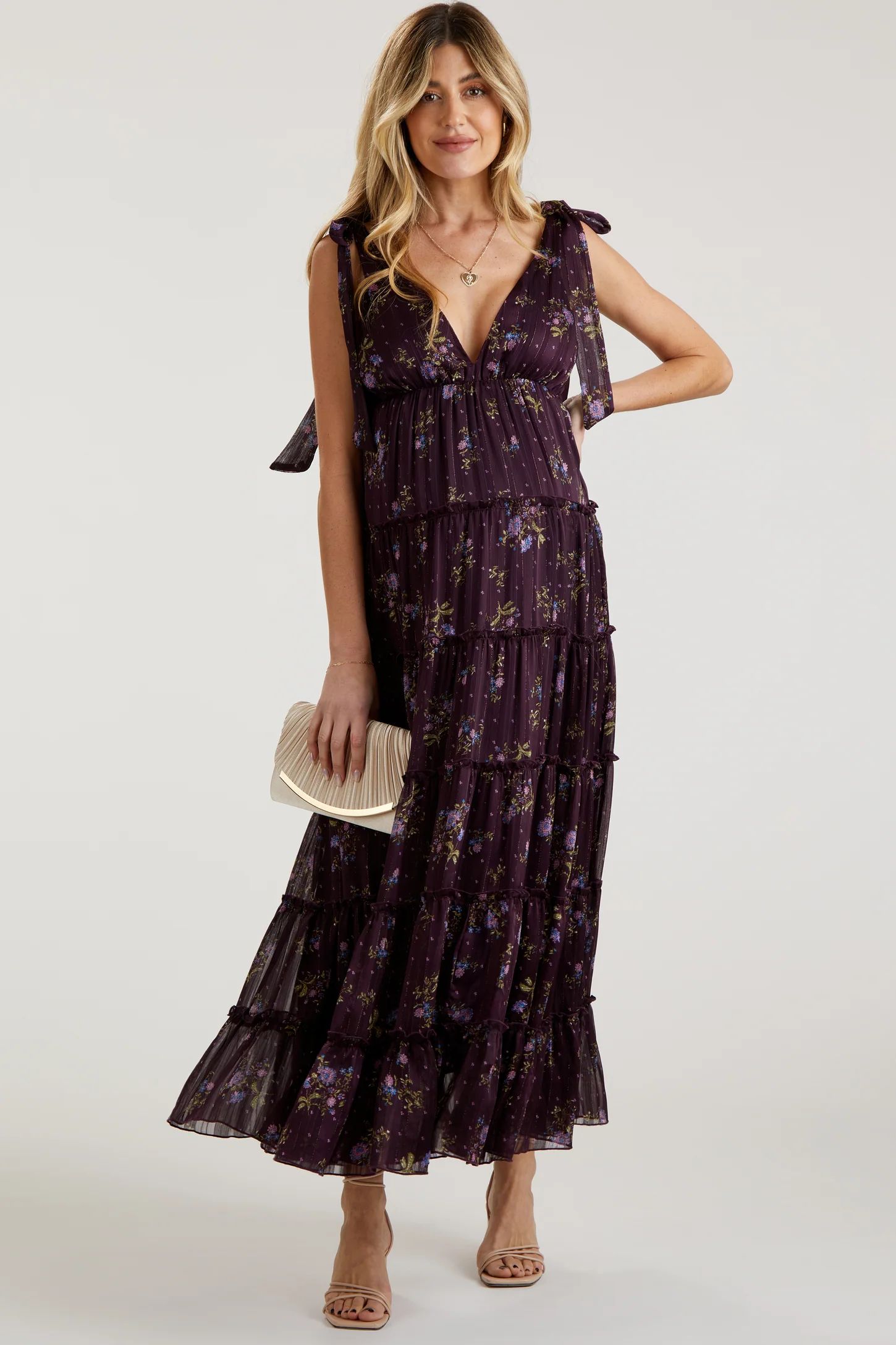 Plum Floral Tiered Shoulder Tie Maternity Maxi Dress | PinkBlush Maternity