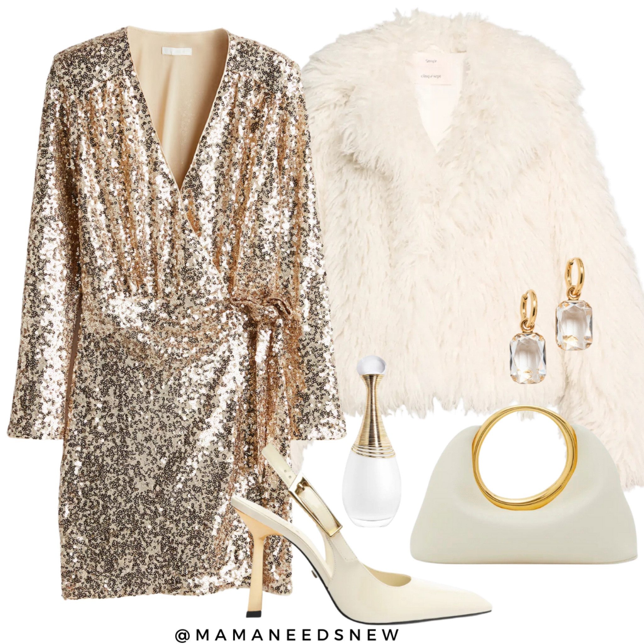 A holiday party outfit featuring a gold sequin dress, fuzzy jacket, sling back heels and a mini bag 🤍

#LTKParties #LTKHoliday #LTKSaleAlert