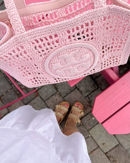 The way I am so obsessed with this pink crochet bag for summer 👏 it comes in other colors too!! 

Tory Burch tote, vacation outfits, woven tote, dolce vita sandals, Target dress, fancythingsblog 

#LTKItBag #LTKFindsUnder50 #LTKShoeCrush