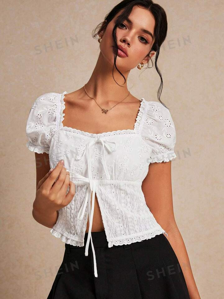 SHEIN Frenchy Women's Summer Solid Colour Embroidered Floral Sweetheart Neck Bubble Sleeve Split ... | SHEIN