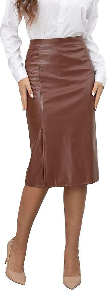 GUANYY Women's High Waisted Faux Leather Midi Pencil Skirt Classic and Slim | Amazon (US)