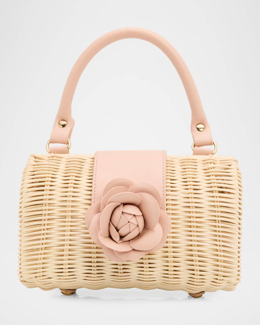 Melody Flower-Embellished Raffia Top-Handle Bag | Neiman Marcus